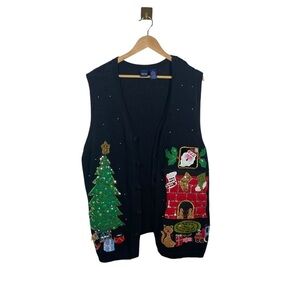 Basic Editions Eclectic Ugly Christmas Sweater Vest in Black Multi Size 2X